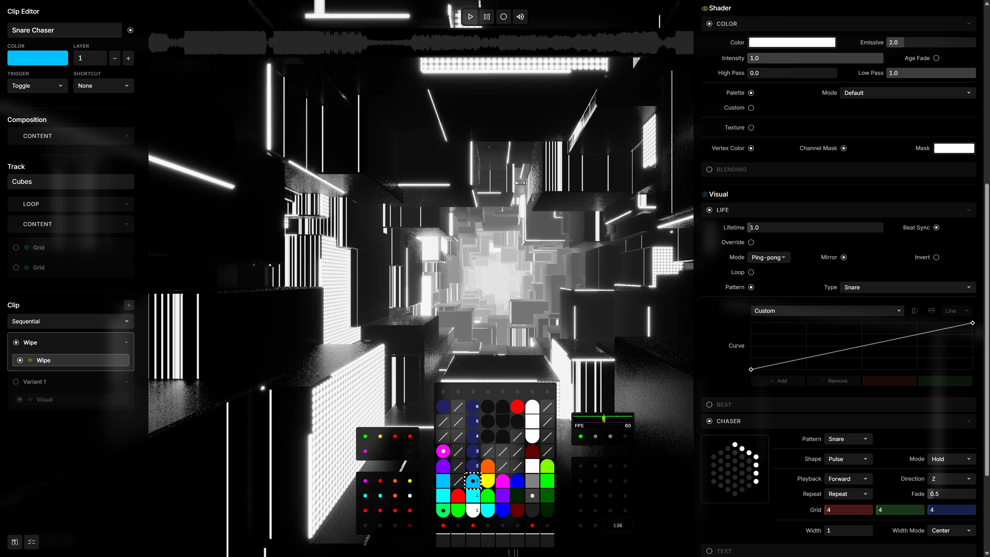 The Fantasynth interface, showing clip grids, scene launchers, and the 3D visual output.