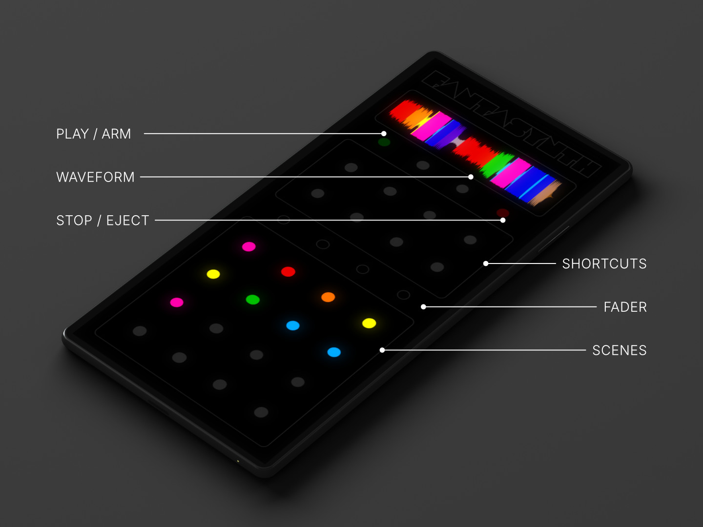 The Fantasynth operator interface running on a phone, showing scene launchers, clip shortcuts, and the music waveform display.